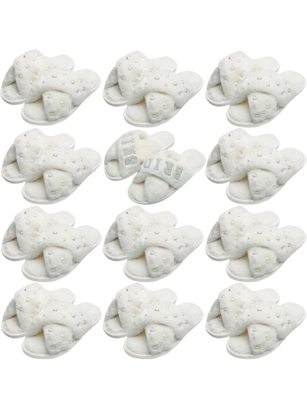 12 Pairs Women's Fuzzy Plush Slippers - Open Toe Cross Band for Bridal Gifts